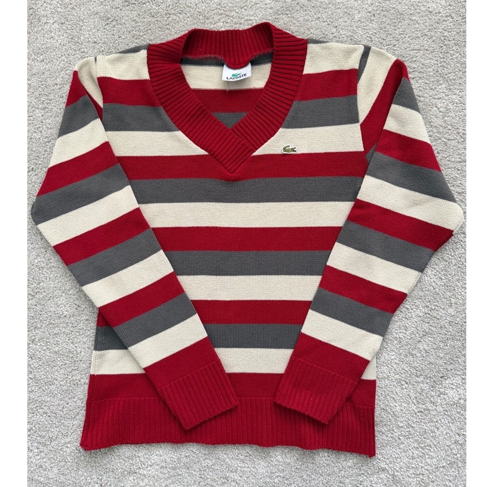 Lacoste V-Neck Striped Sweater Red Grey Cream Crocodile Logo Knit Top